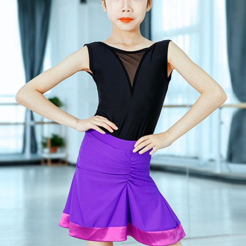 Kids latin dresses violet dark green competition stage performance salsa rumba leotard tops and skirts